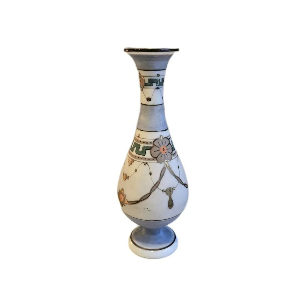 Vintage Roman Antique Harrach White Satin Glass Vase W/ Gold